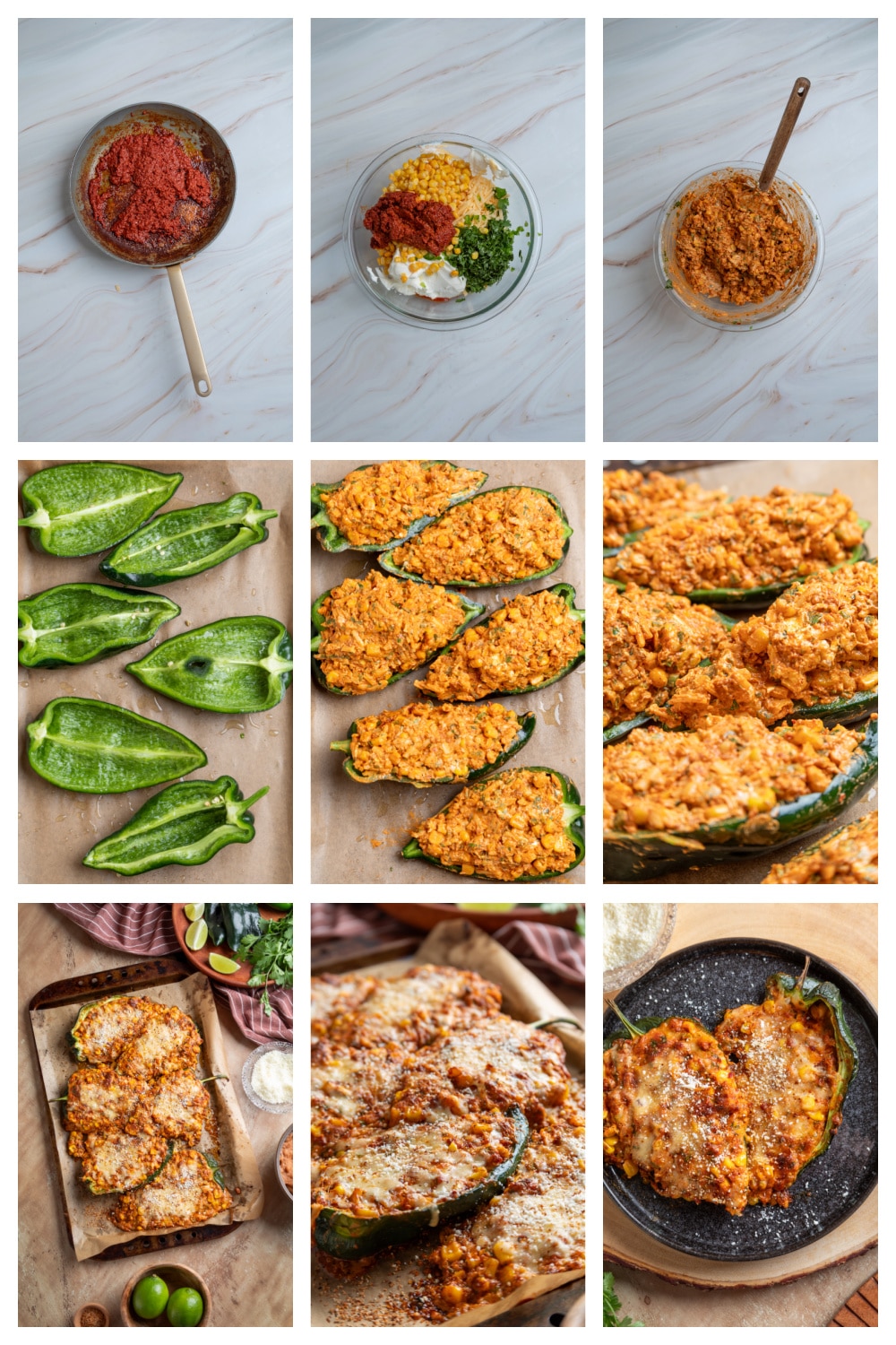 How to prepare, fill and bake poblano peppers with creamy street corn and chorizo filling Steps for making Mexican street corn stuffed poblano peppers with chorizo, corn and cheese