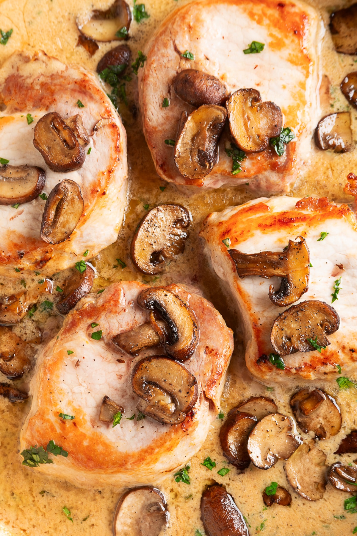 Browned pork chops surrounded by roasted baby portobello mushrooms and fresh sage cream sauce. Boneless pork chops with browned roasted mushrooms in a fresh sage cream sauce