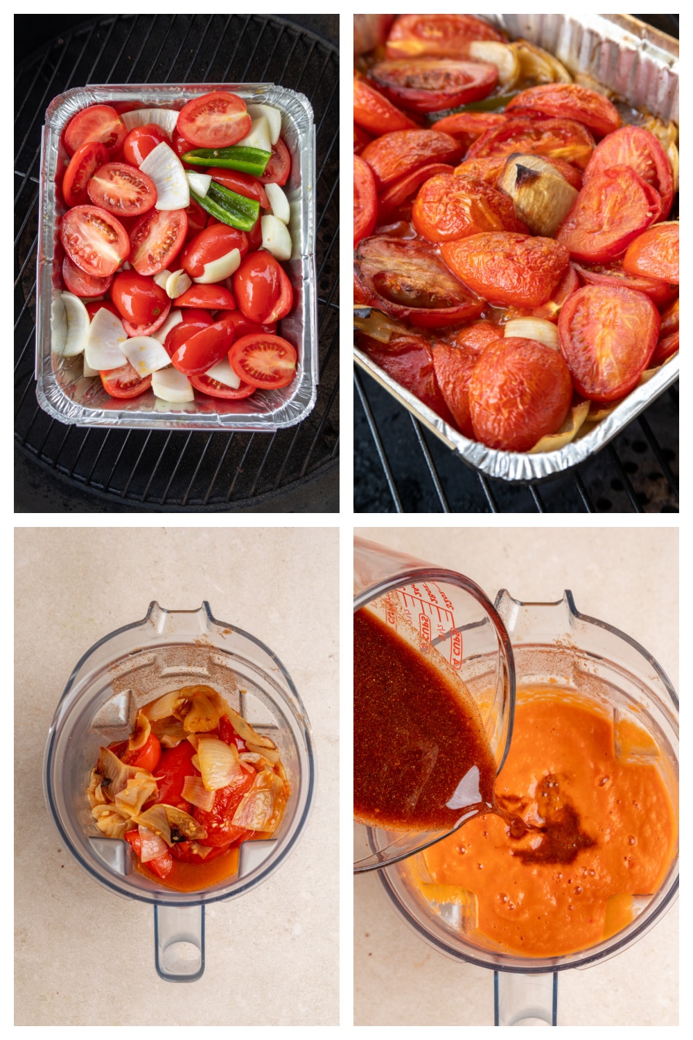 Process for making smoked tomato Bloody Mary mix from smoking the vegetables through blending and seasoning the mix