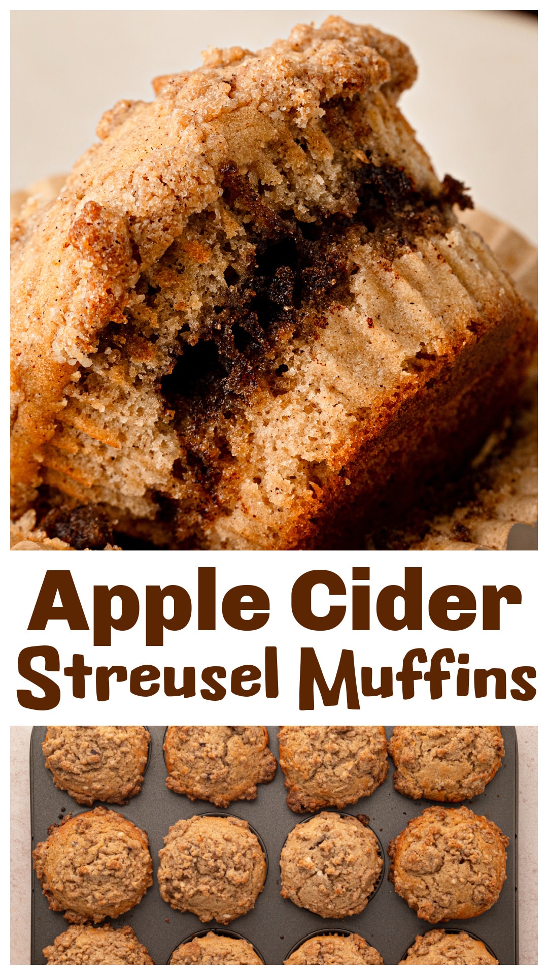 Apple Cider Streusel Muffins start with fresh apple cider reduced for concentrated apple flavor without adding too much liquid to the batter. Cinnamon, freshly grated nutmeg, allspice and cloves give the muffins their cider-doughnut spices, while a brown sugar cinnamon ribbon sits inside. Each muffin is covered with buttery cinnamon streusel before baking. Save this apple cider muffin recipe for fall baking, brunch, breakfast or an afternoon with fresh cider. via @cmpollak1