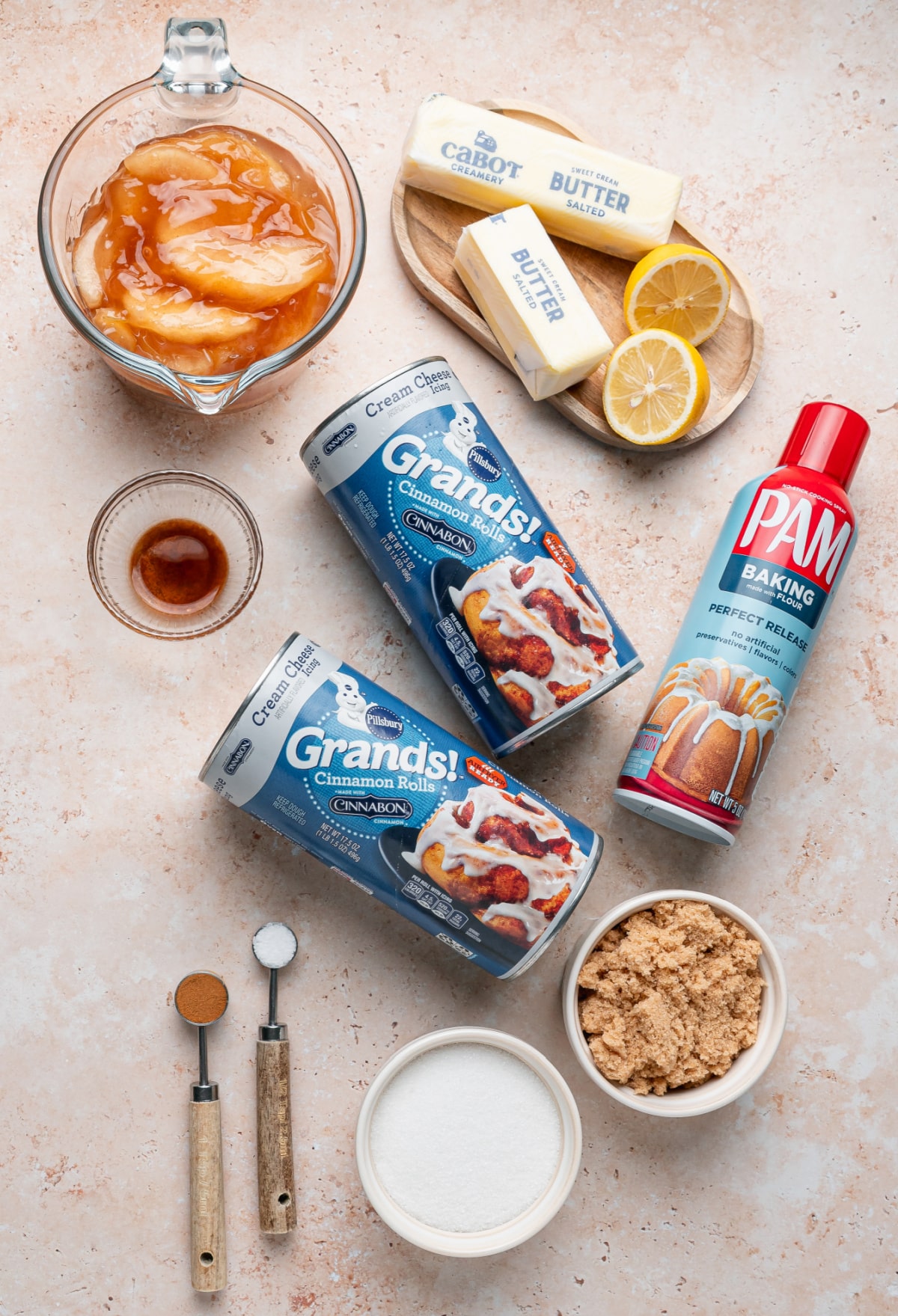 Apple Pie Cinnamon Roll Monkey Bread Ingredients Ingredients for apple pie cinnamon roll monkey bread including refrigerated cinnamon rolls, apple pie filling, butter, brown sugar, cinnamon and lemon.