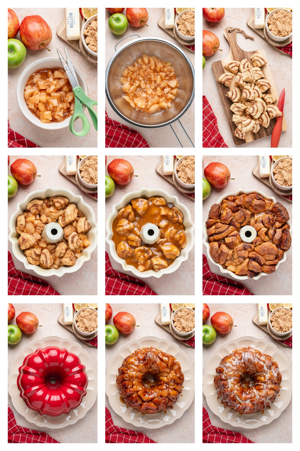 How to Make Apple Pie Cinnamon Roll Monkey Bread Steps for making apple pie cinnamon roll monkey bread with cinnamon-sugar-coated dough, apple pie filling and brown sugar sauce.