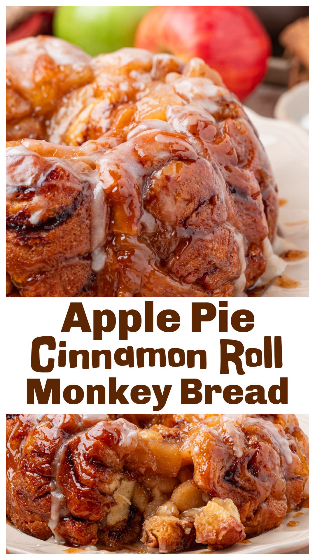 Apple Pie Cinnamon Roll Monkey Bread is made with cinnamon-sugar-coated refrigerated cinnamon rolls, apple pie filling and a buttery dark brown sugar sauce baked in a Bundt pan until caramelized. The apple filling is drained to help prevent a gummy center, while an instant-read thermometer takes the guesswork out of doneness. Both containers of cinnamon roll icing are poured over the top while it’s still warm. Serve it for breakfast, brunch or dessert. via @cmpollak1