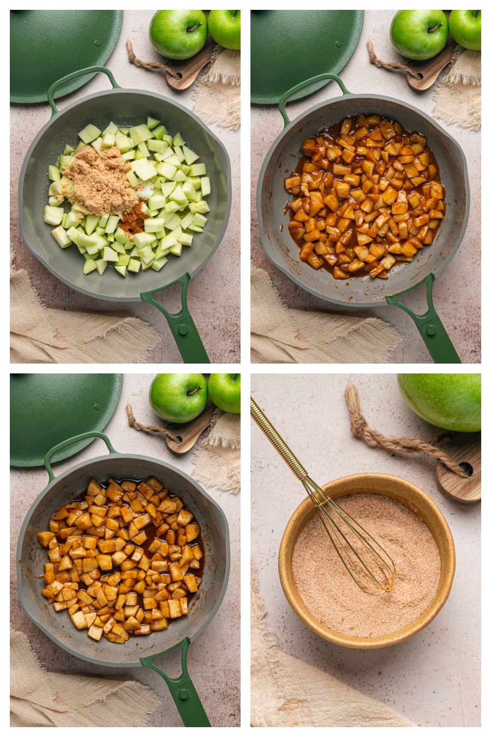Process for making the apple filling for apple pie samosas with diced Granny Smith apples, brown sugar and spices cooked in a skillet.