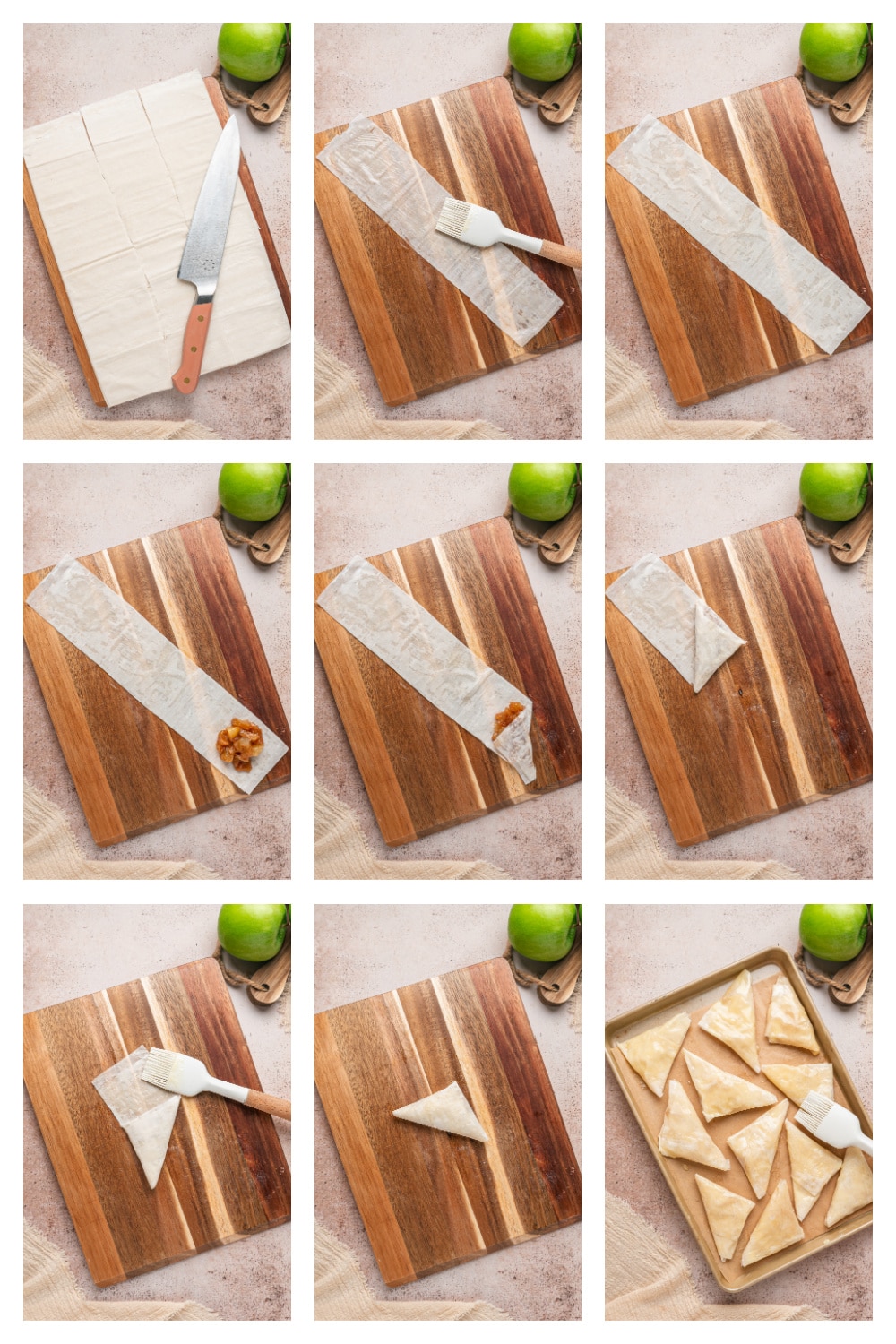 Step-by-step process for filling and folding phyllo dough into triangular apple pie samosas.