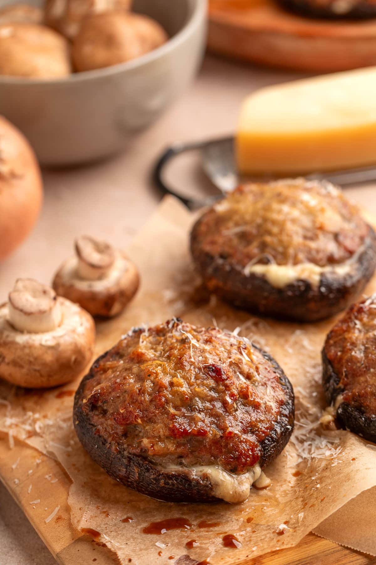 Grilled portobello mushroom filled with sweet Italian sausage, mozzarella and Parmesan