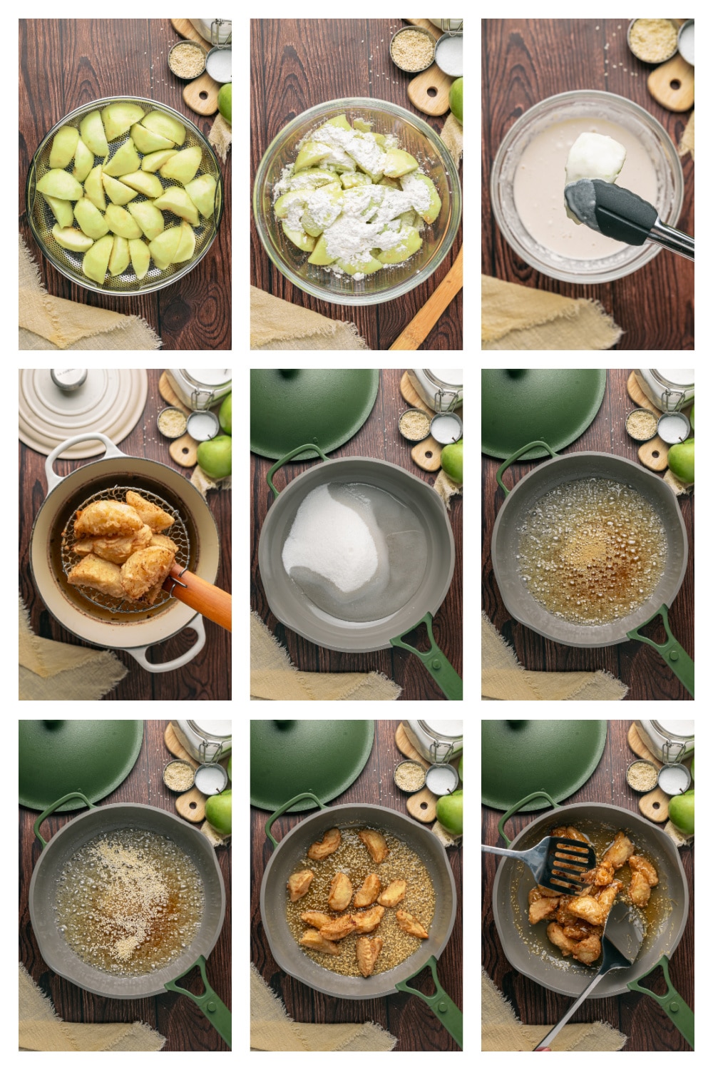 Process for making Chinese toffee apples from preparing and battering the apples through frying and caramel coating