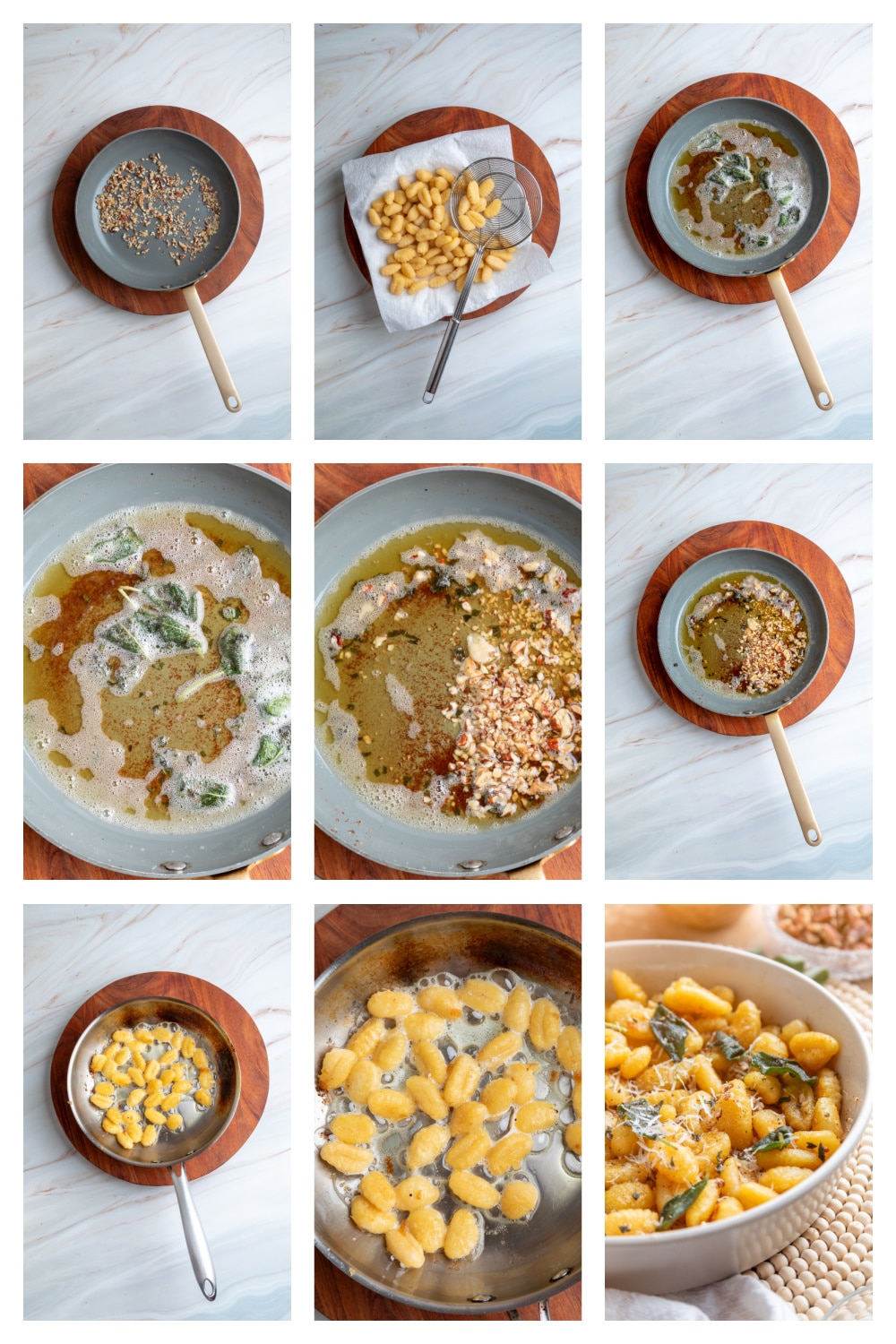 How to make pan-fried potato gnocchi with sage brown butter. Steps for making crispy gnocchi with sage brown butter, from boiling and pan-frying the gnocchi to browning the butter with sage.