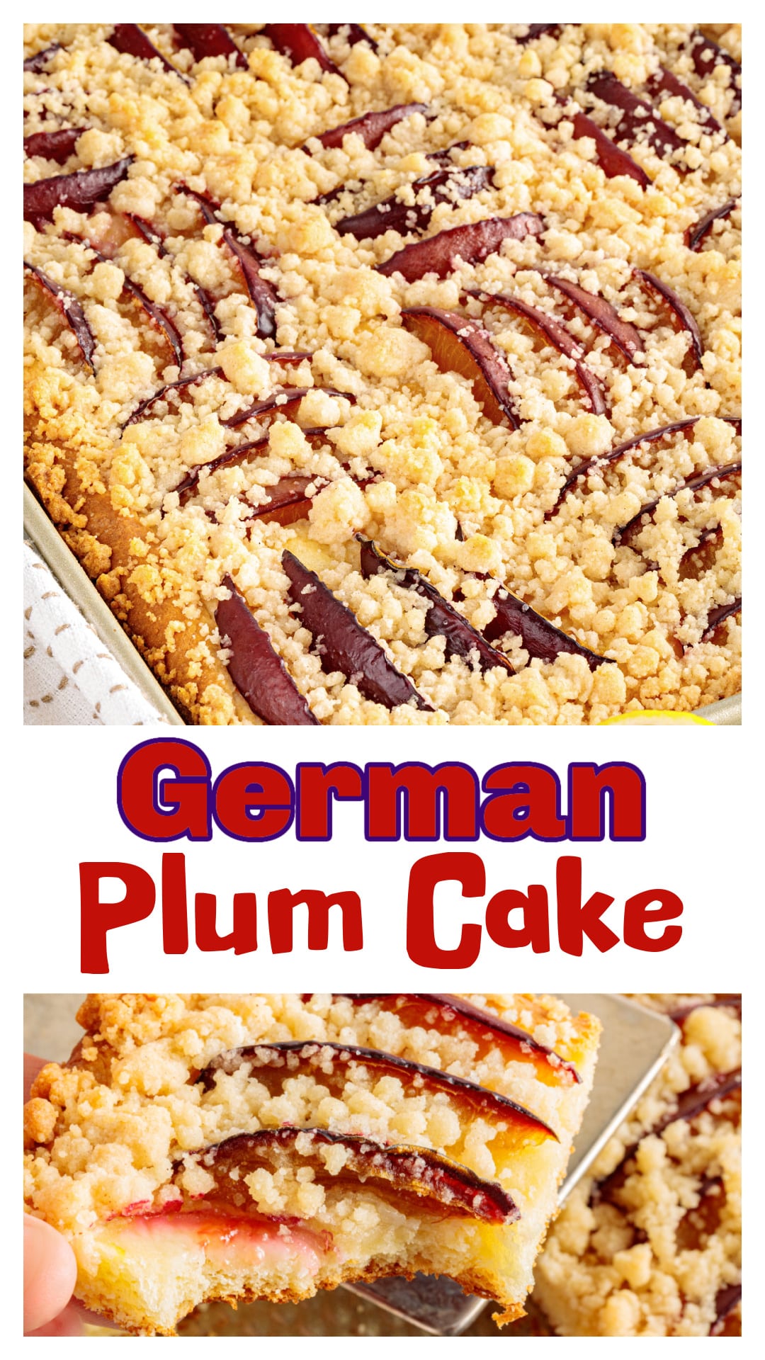 German Plum Cake with Streusel is made with a thin, buttery yeasted dough covered with fresh plums and lots of cinnamon streusel. I use Italian prune plums when they’re available, but this cake does not depend on finding the “right” plum. Any good, firm plum can work, which is exactly how my grandmother made it with the big red plums from our backyard. The dough gets a second rise in the pan before the plums and buttery streusel go on top, giving you a soft yeast cake with baked fruit and crisp crumbs. Save this Pflaumenkuchen recipe for late summer and early fall when fresh plums are everywhere. via @cmpollak1