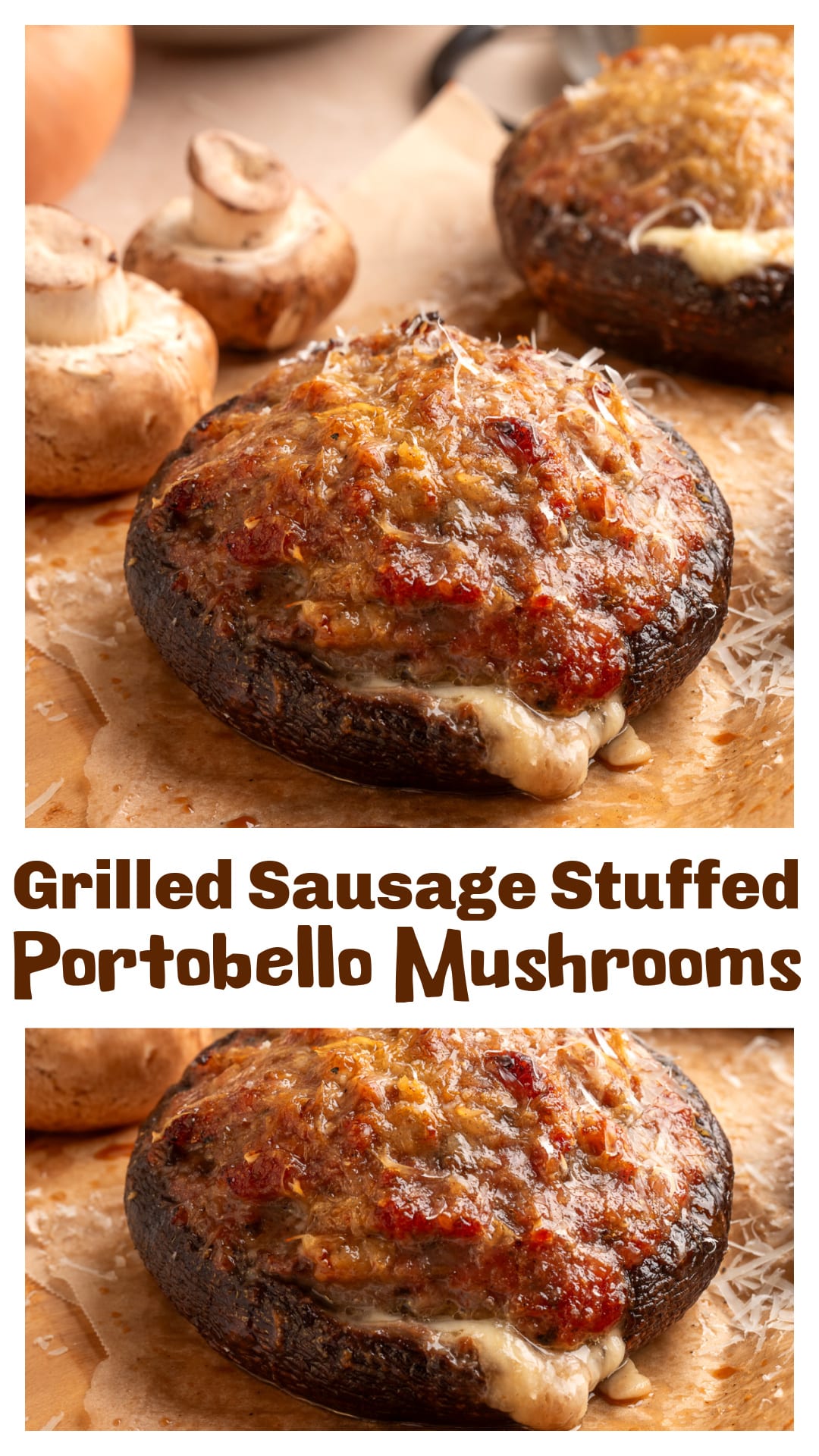 Grilled sausage stuffed portobello mushrooms are filled with sweet Italian sausage, sautéed mushroom stems, onion and garlic, with sliced mozzarella underneath and Parmesan mixed into the filling and scattered over the top. They cook directly on the grill until the portobellos are tender, the sausage is cooked through and lots of mozzarella has melted underneath. Four large portobellos make this a substantial grilled dinner instead of an appetizer-sized stuffed mushroom. via @cmpollak1