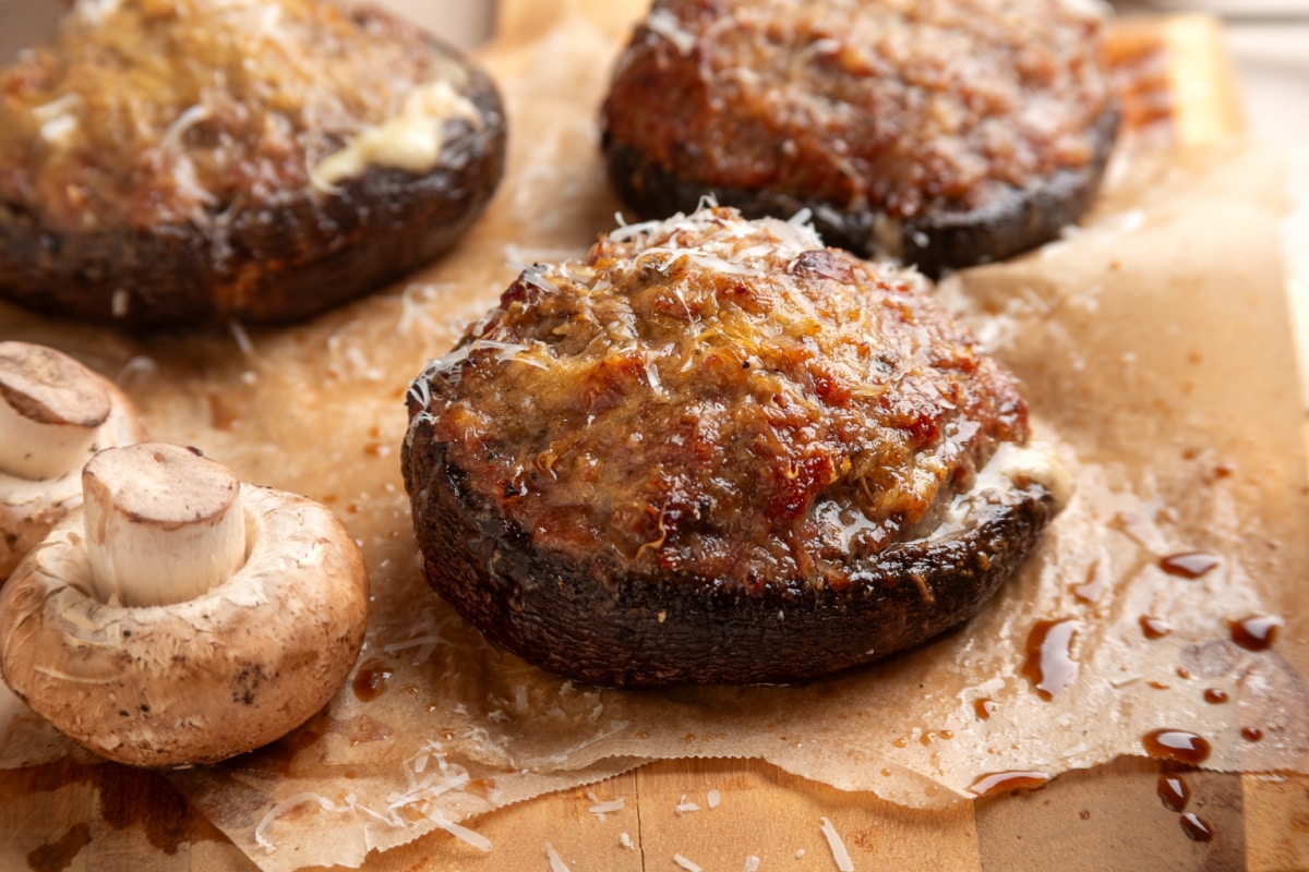 Grilled portobello mushrooms stuffed with Italian sausage, mozzarella and Parmesan