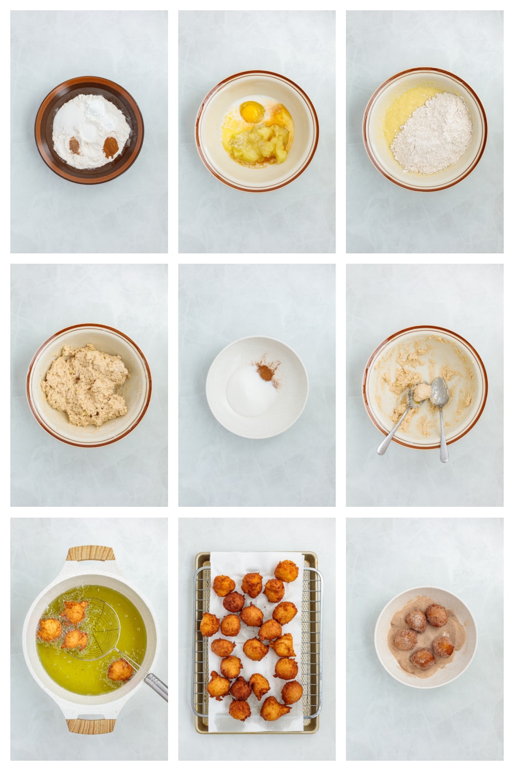 Step-by-step process for mixing and frying homemade applesauce fritters