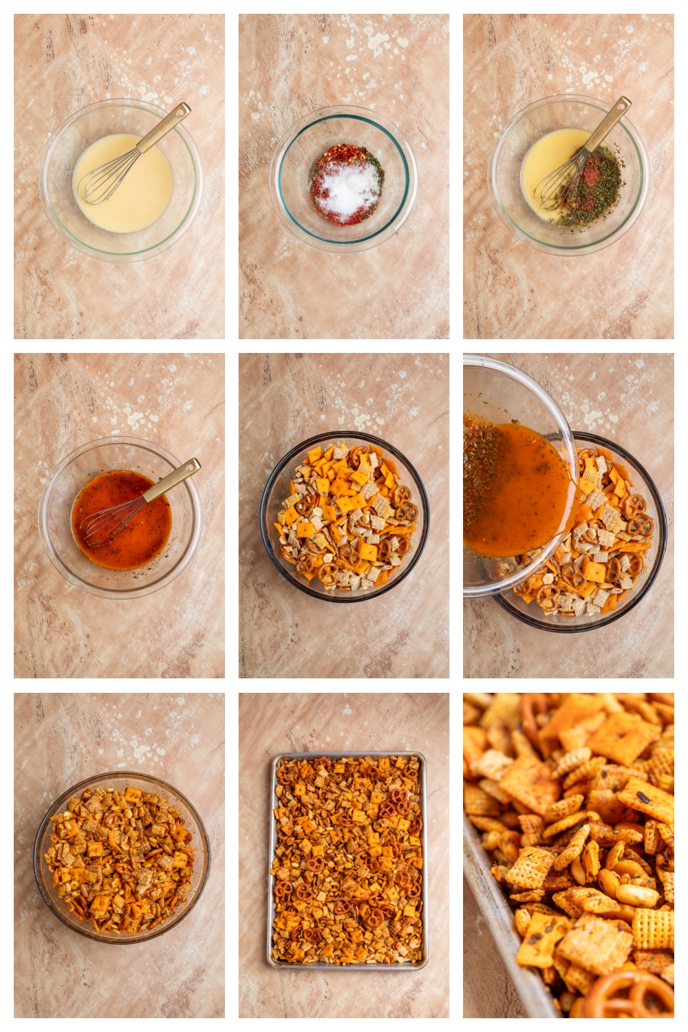 How to make cowboy butter snack mix with the seasoned butter coating and assorted snack mix before baking. Steps for making cowboy butter snack mix by mixing the seasonings, coating the cereal, crackers, pretzels and nuts, then spreading the mixture on baking sheets