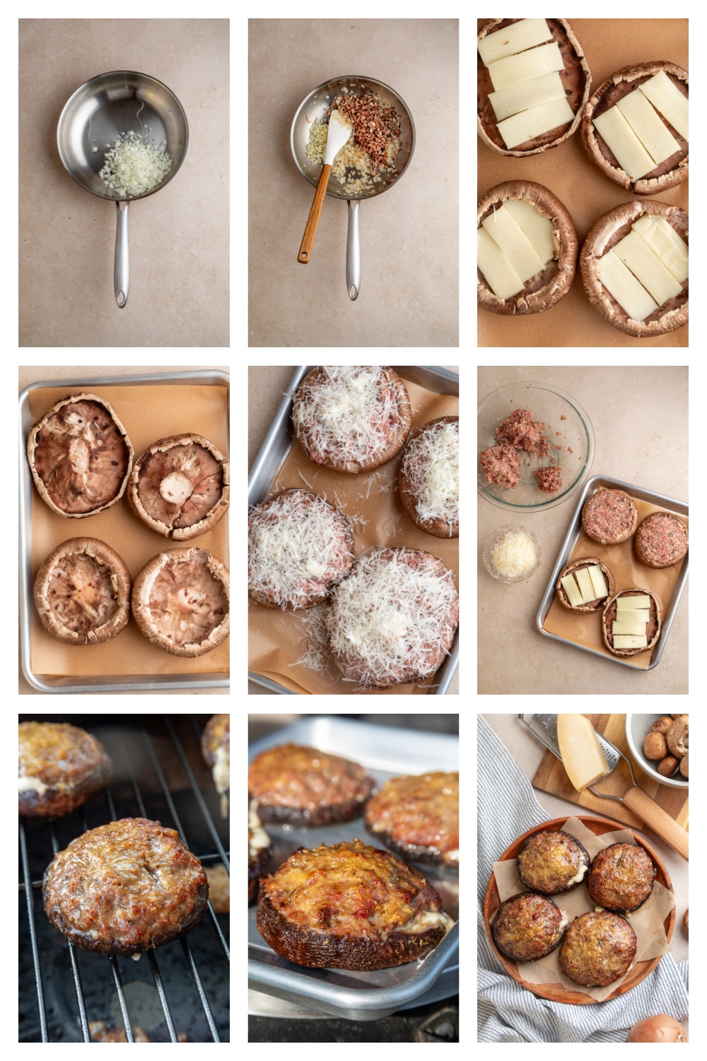 Step-by-step process for making grilled sausage stuffed portobello mushrooms