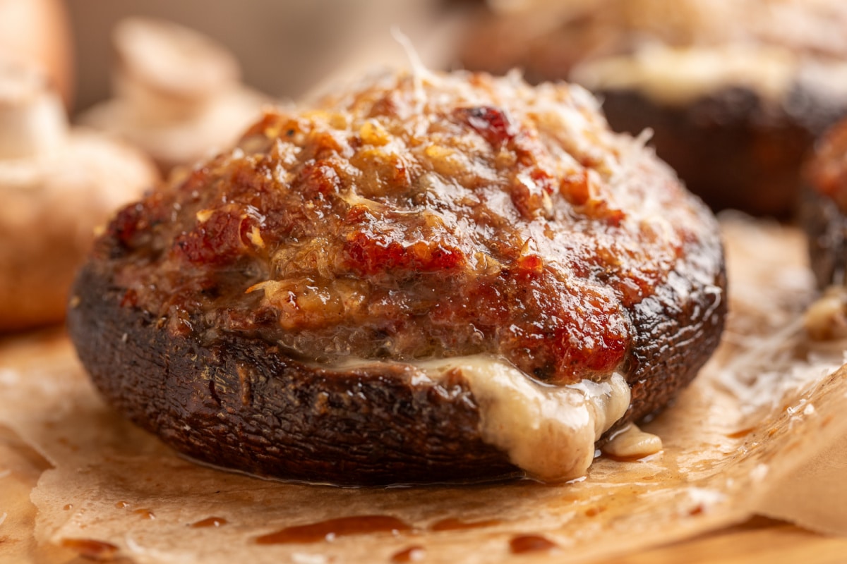 Italian sausage stuffed portobello mushroom with mozzarella melted underneath