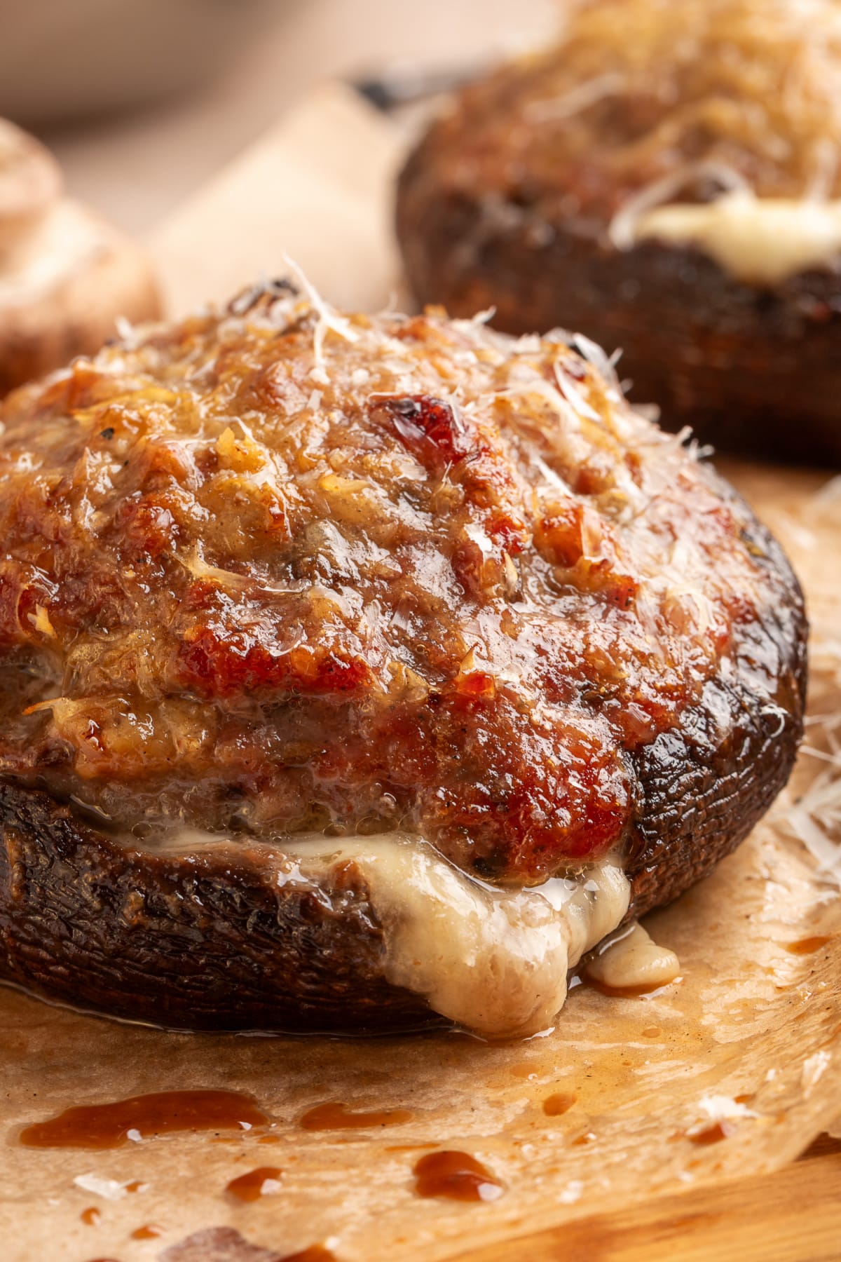 Italian sausage stuffed portobello mushroom topped with browned Parmesan and melted mozzarella