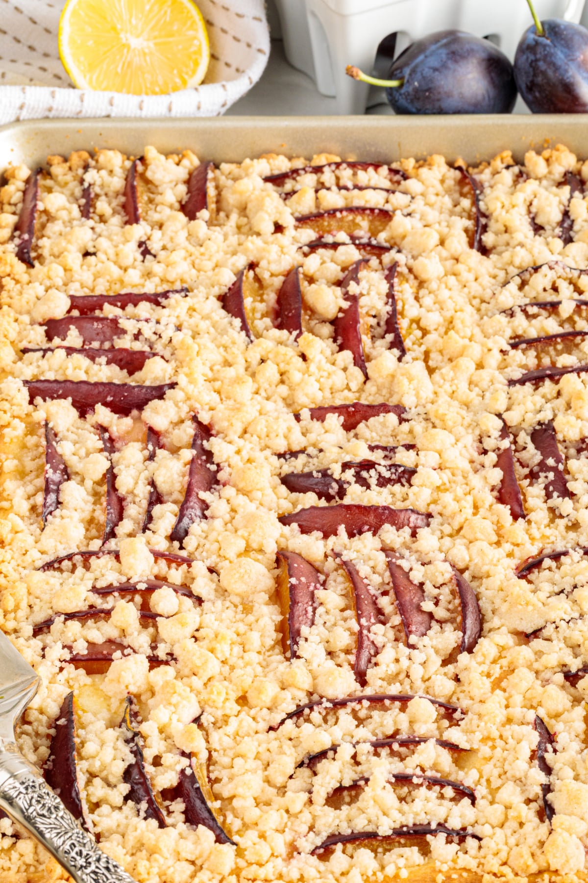 Pflaumenkuchen with Italian Prune Plums and Streusel Baked Pflaumenkuchen with Italian prune plums and buttery streusel in a rectangular sheet pan.