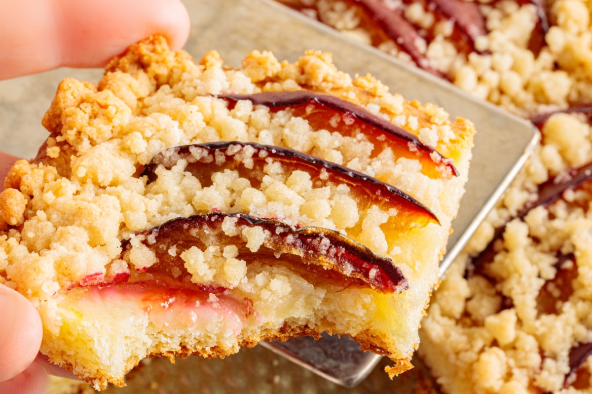 Plum Streusel Cake with Yeasted Dough Hand holding a piece of plum streusel cake with baked plum slices, cinnamon streusel and soft yeasted cake.