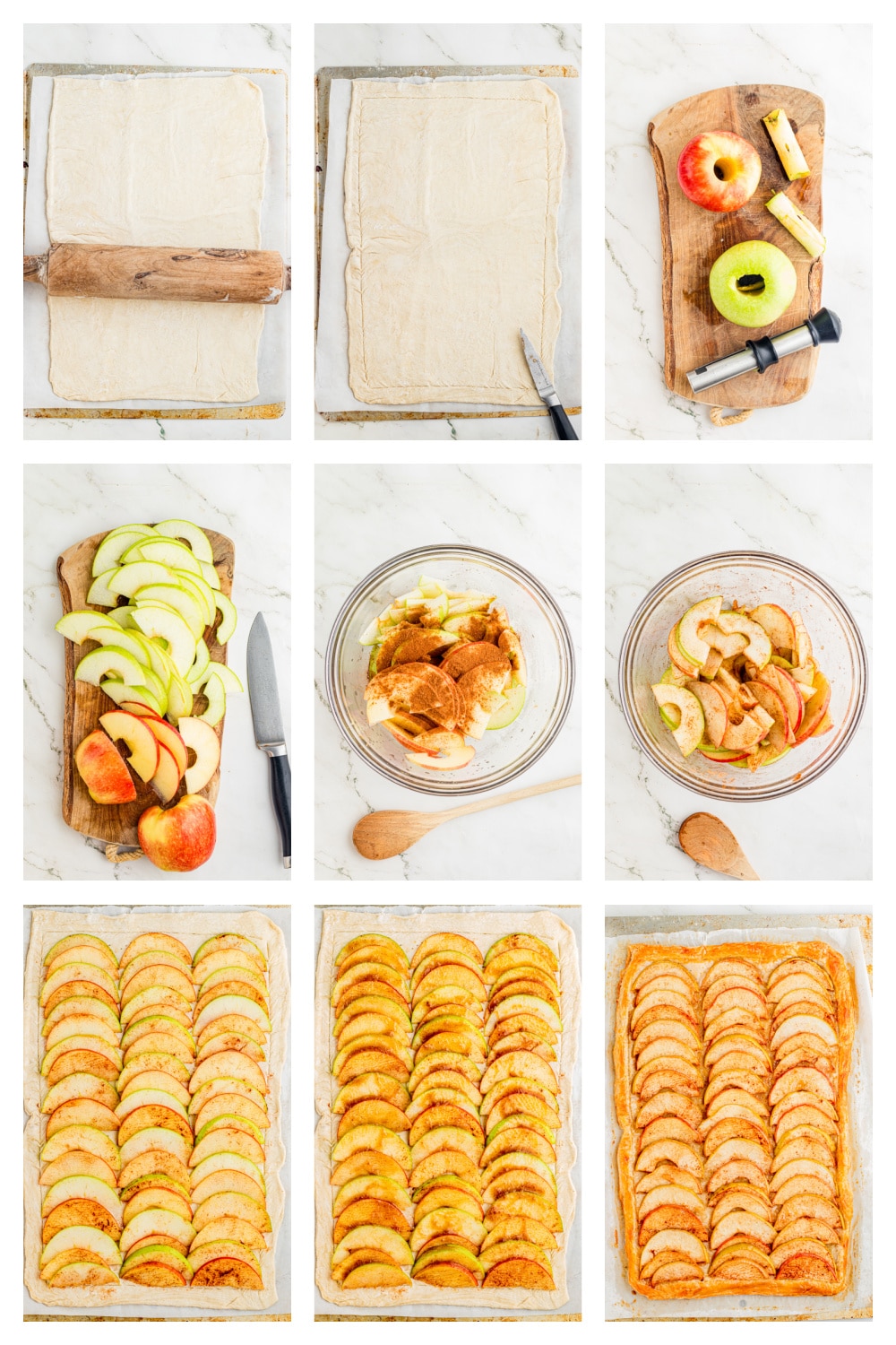 How to make puff pastry apple tart with thinly sliced apples Steps for making puff pastry apple tart with sliced apples arranged over scored pastry