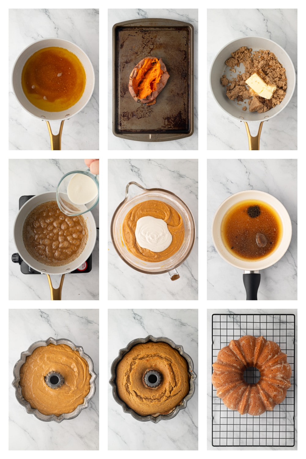 Process for making sweet potato Bundt cake from roasted sweet potatoes and brown butter through baking, rum soak and caramel glaze.