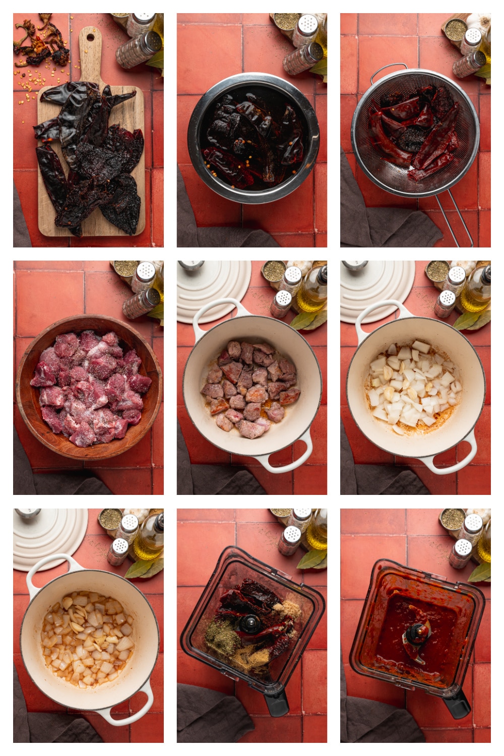 Soaking the Chiles and Browning the Pork Steps for soaking dried chiles, browning pork shoulder and beginning the carne adovada sauce