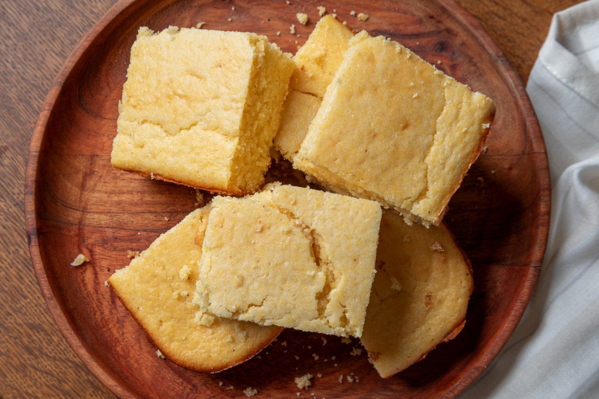 Day-old cornbread pieces ready to use in a breakfast casserole