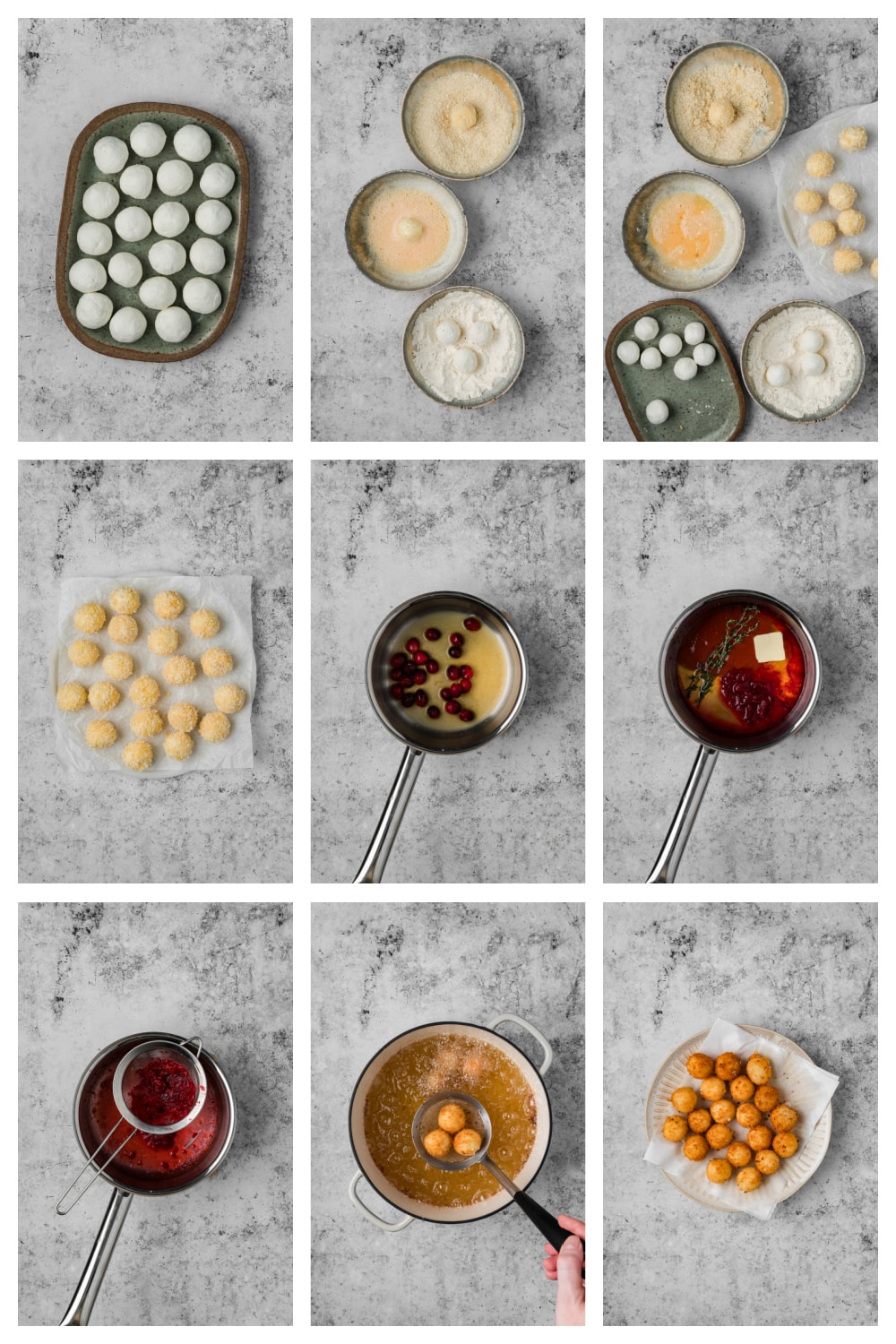 Step-by-step photos showing how to make fried goat cheese balls with panko breadcrumbs and cranberry hot honey.