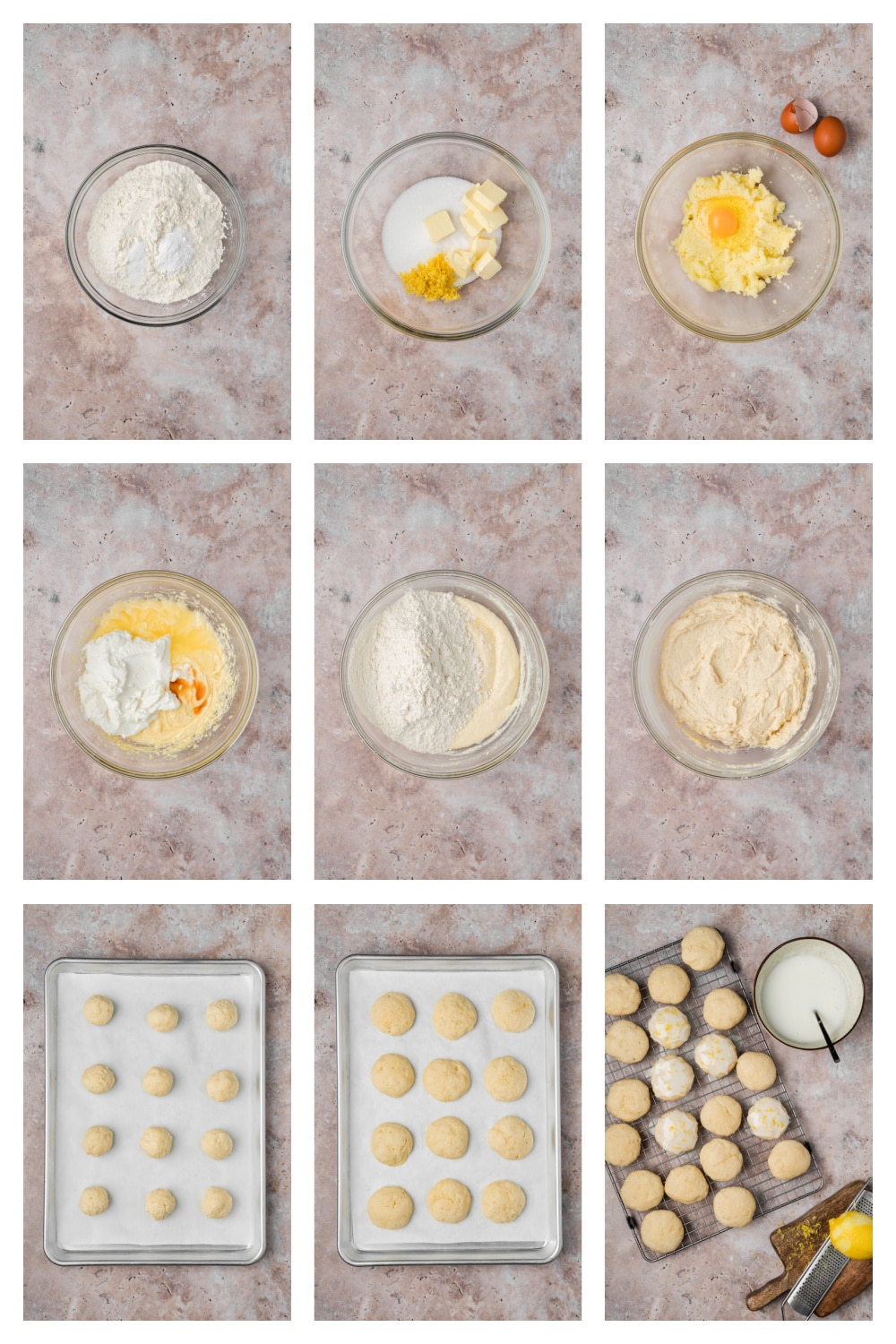 Steps for making lemon ricotta cookies from mixing the dough through baking and glazing