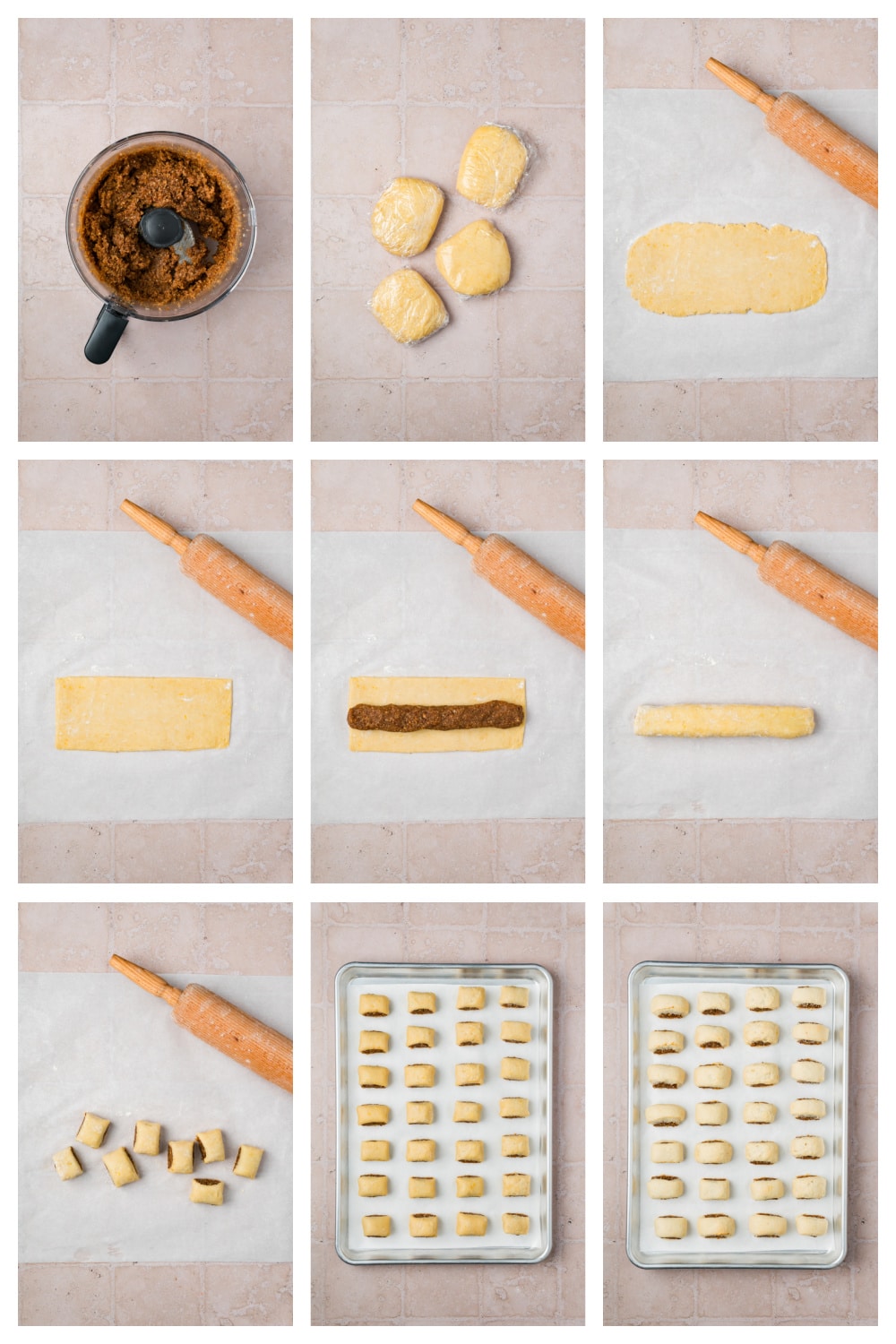 How to Make Italian Fig Cookies (Cuccidati) Step by Step Step-by-step collage showing how to make Italian fig cookies, from preparing the orange-scented pastry dough and fig filling to rolling, filling, and shaping the cookies.