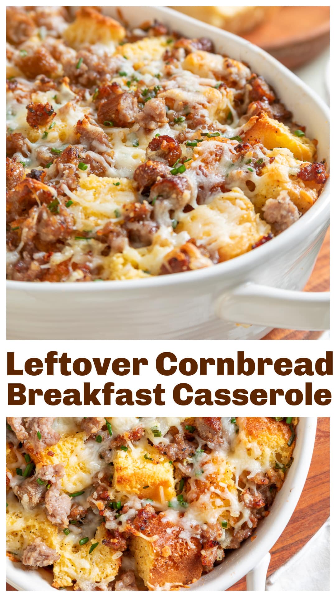 Leftover Cornbread Breakfast Casserole turns day-old cornbread into a hearty breakfast with maple sausage, breakfast sausage links, eggs, cheese and chives. The cornbread stays in big chunks so it can absorb the egg mixture without falling apart, and a small drizzle of maple syrup breaks up the savory. No overnight soak needed, and it bakes in about 35 minutes. via @cmpollak1