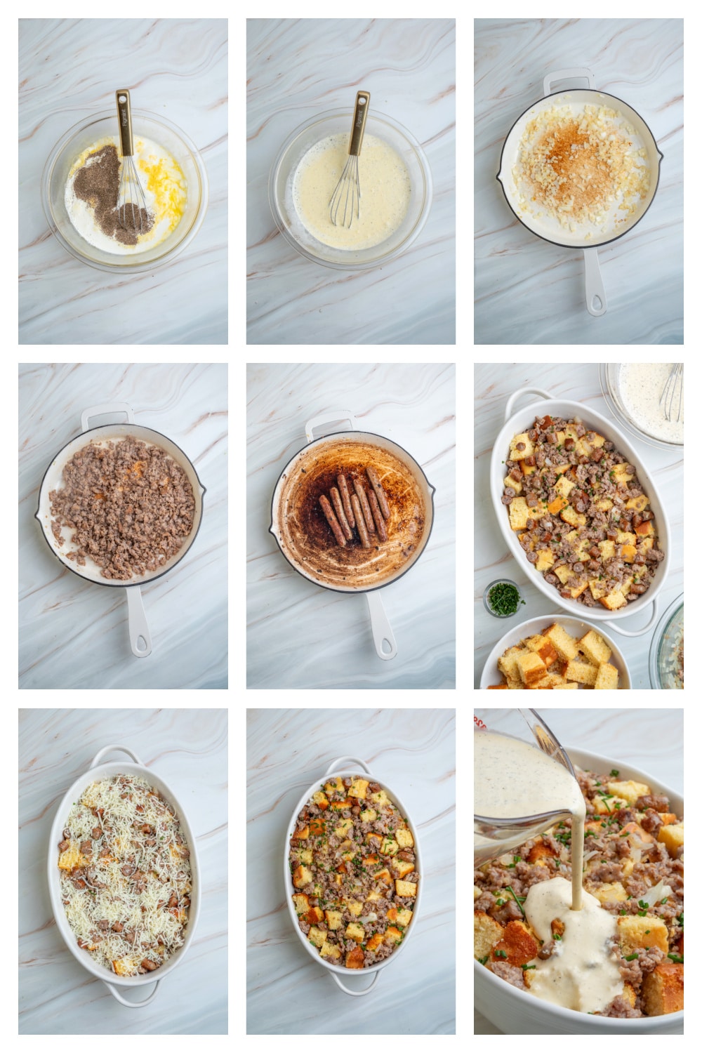 Steps for making leftover cornbread breakfast casserole with sausage, eggs and cheese