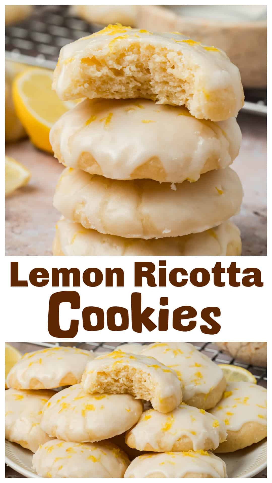 These lemon ricotta cookies are soft, tender and cake-like with fresh lemon flavor throughout. Whole-milk ricotta keeps the centers tender, while fresh lemon zest and juice flavor the cookie dough. After baking, each cookie is dipped in a thick glaze made with confectioners’ sugar and fresh lemon juice. The cookies stay pale and puffy in the oven and can be made ahead or frozen before glazing. A classic Italian lemon ricotta cookie recipe for holidays, parties or dessert trays. via @cmpollak1