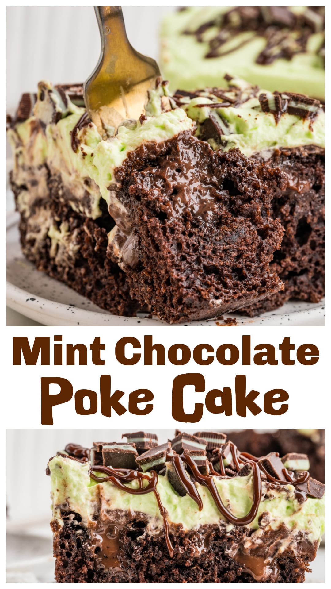 Mint Chocolate Poke Cake is filled with hot fudge sauce and chocolate fudge pudding flavored with mint, then topped with homemade mint whipped cream, chopped Andes mints, and a drizzle of hot fudge. This easy 9x13 chocolate poke cake uses a boxed cake mix and instant pudding for a rich, creamy dessert with plenty of chocolate and mint flavor. Make it ahead for parties, holidays, potlucks, or family gatherings. Serve chilled for the best texture and flavor. via @cmpollak1