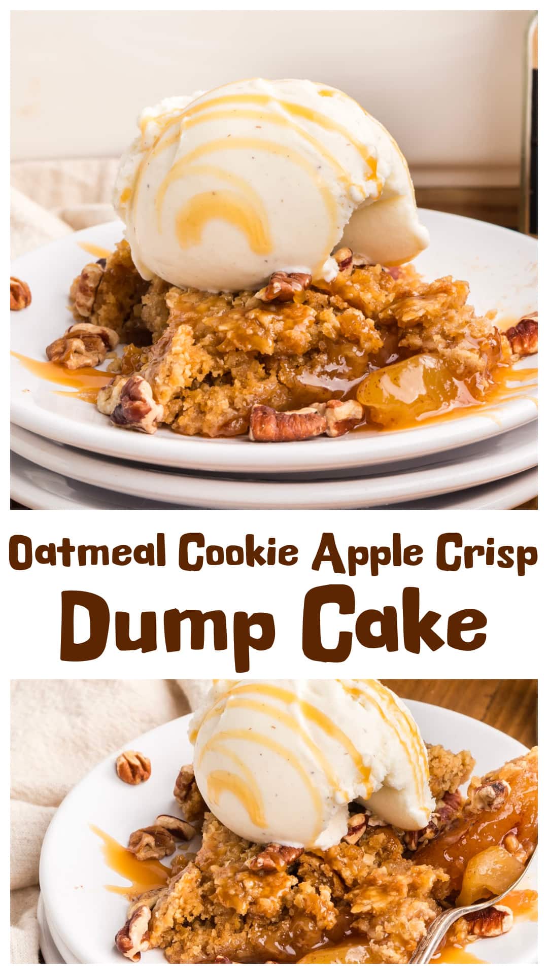 Oatmeal Cookie Apple Crisp Dump Cake uses a package of oatmeal cookie mix instead of cake mix for a golden, cracked cookie crust over cinnamon-spiced apple pie filling. Made with canned apples, brown sugar, vanilla, cinnamon, nutmeg, and cold butter, this easy baked dessert takes only 10 minutes to prepare. Finish with caramel sauce and chopped pecans, then serve warm with vanilla ice cream. A delicious shortcut apple dessert with oatmeal cookie flavor and no homemade streusel required. via @cmpollak1