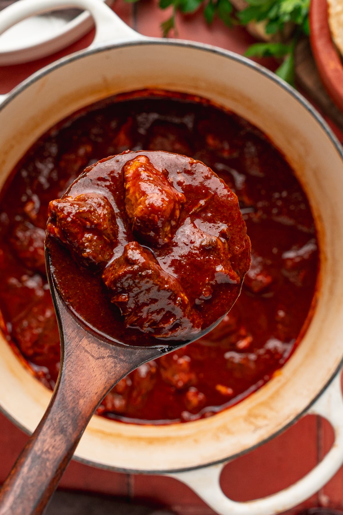 Pork Shoulder Braised in Red Chile Sauce Tender pieces of pork shoulder in the finished red chile sauce