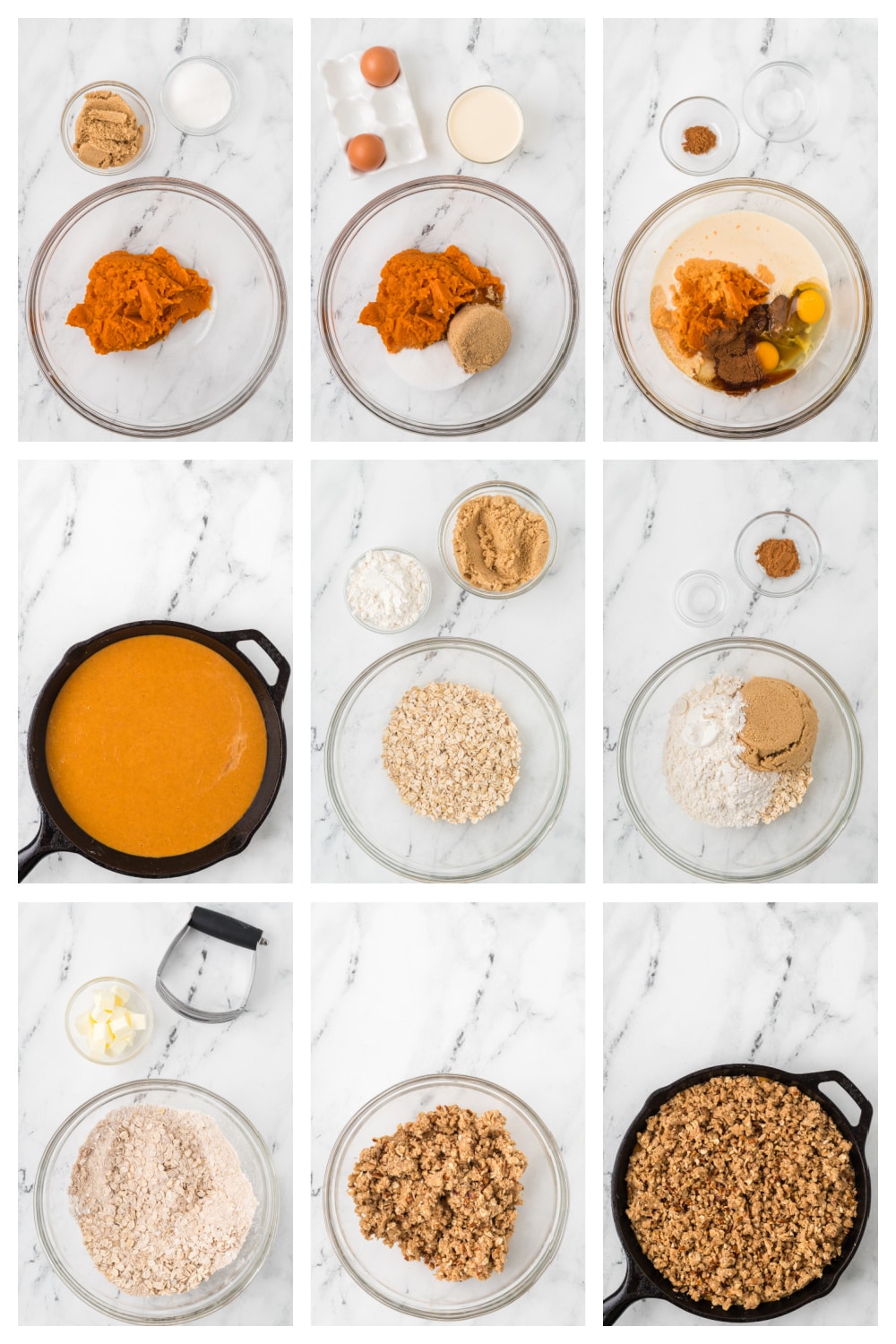 Preparing the spiced pumpkin filling, mixing the buttery oat and pecan topping, and assembling the crisp for baking. Step-by-step photos showing how to make pumpkin crisp with pumpkin custard filling and oat pecan topping.