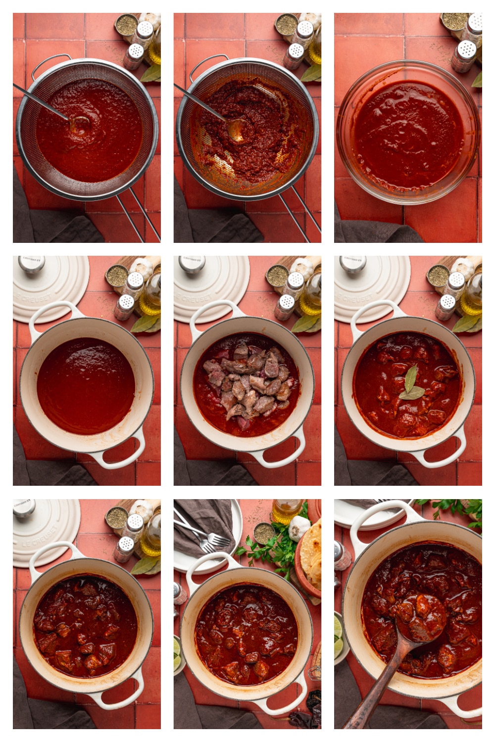 Making the Red Chile Sauce and Braising the Pork Blending and straining the red chile sauce before braising the pork shoulder