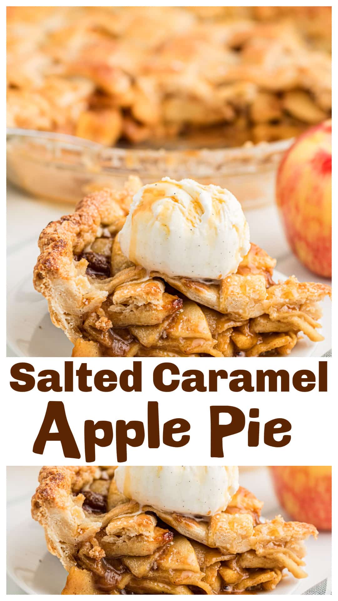 Honeycrisp apples, and caramel baked directly into the filling. The apples are coated in homemade salted caramel, brown sugar, cinnamon, and nutmeg before baking. Flaky sea salt finishes the golden crust, while the caramel stays soft enough to flow slightly when sliced. Serve with vanilla ice cream and extra caramel sauce for a homemade apple dessert. via @cmpollak1
