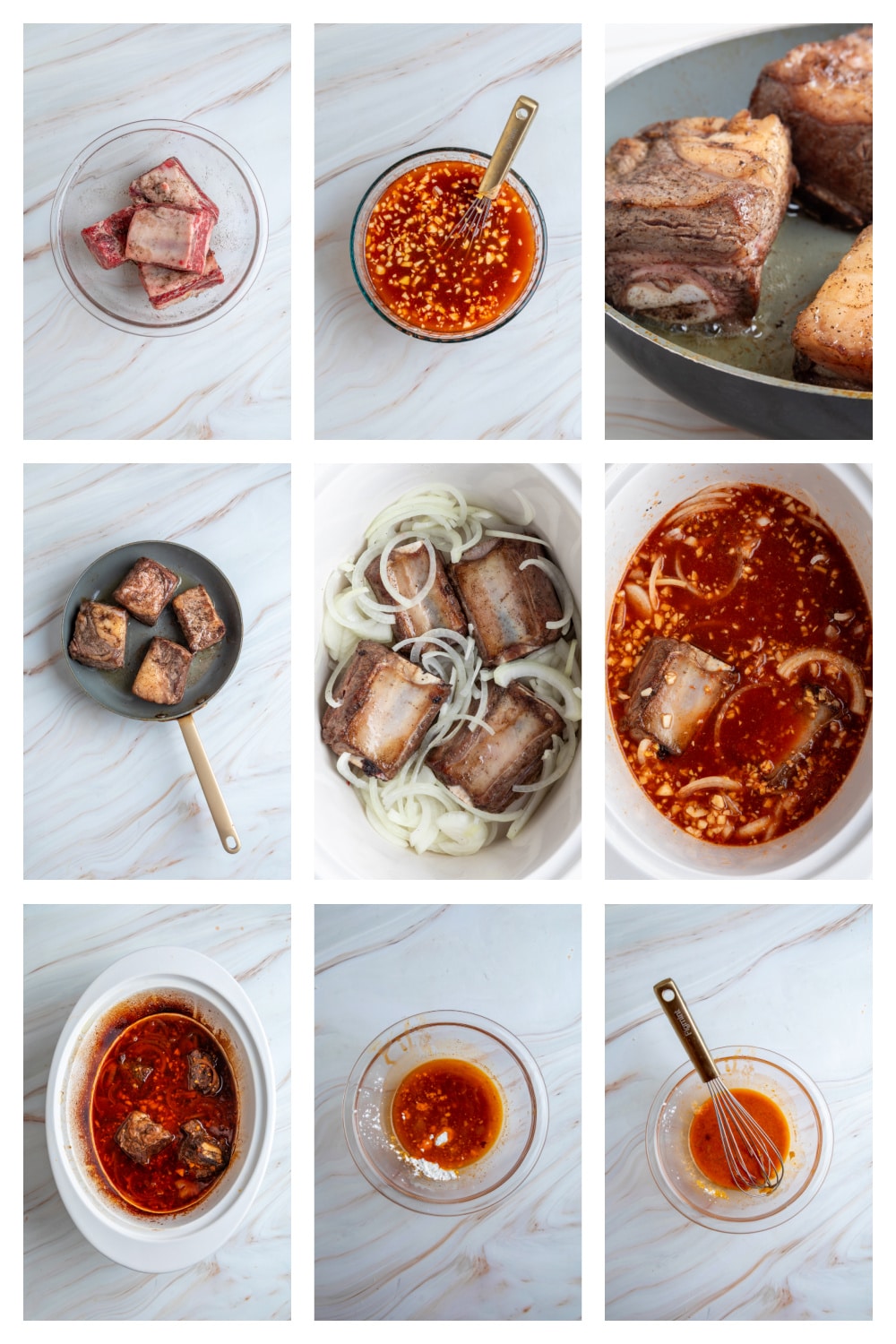 How to Make Korean Braised Short Ribs in a Slow Cooker Step-by-step photos showing how to make Korean braised short ribs, from searing the beef to slow cooking and thickening the gochujang sauce.